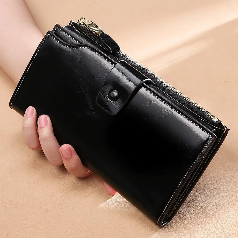 Genuine Leather Long Women's Wallet rfid Anti-theft Brush Multi-card Wallet Vintage Oil Wax Leather Girl's Clutch