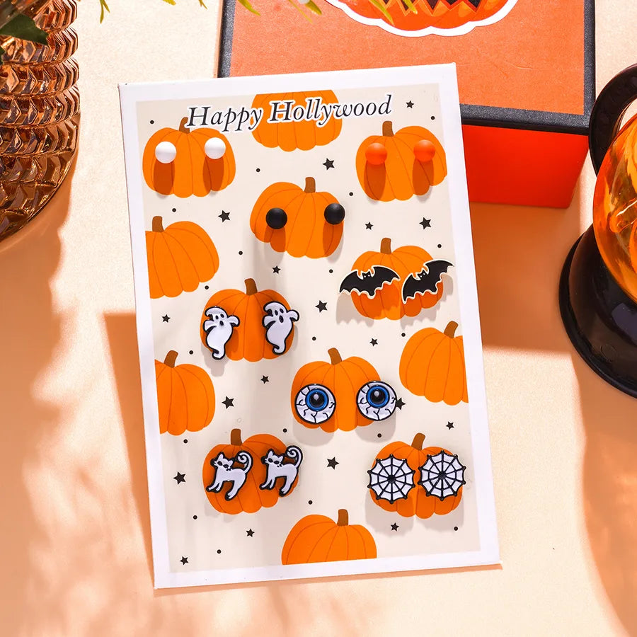 Creative Halloween Series Alloy Pumpkin Bat Women's Earrings 8 Pairs Cartoon Design Zinc Alloy Personalized Jewelry Accessories