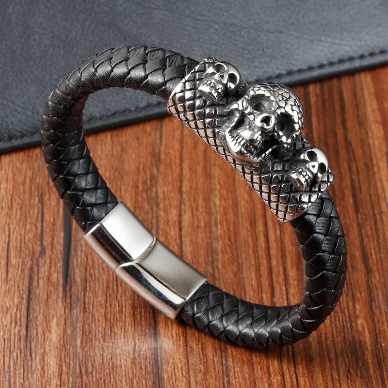 Retro Skull Pu Leather Titanium Steel Woven Chain Wrap Bracelets Wholesale