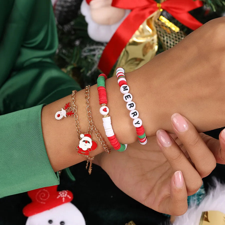 Christmas Deer Santa Claus Letter Bell Bracelet Set Soft Ceramics Cartoon Character Zinc Alloy Unisex
