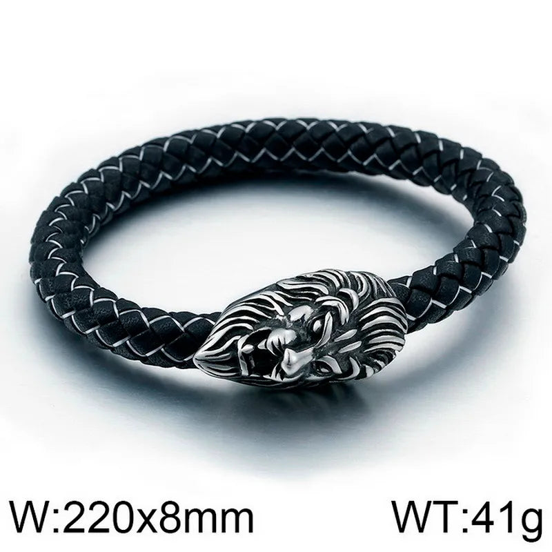 vintage style lion leather titanium steel men's bangle