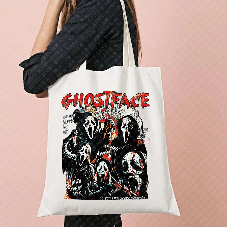Scary Cat Halloween Pumpkin Pattern Canvas Tote Bag Reusable Shopping Bag Large Square Shape Double Shoulder Strap Tote Bag