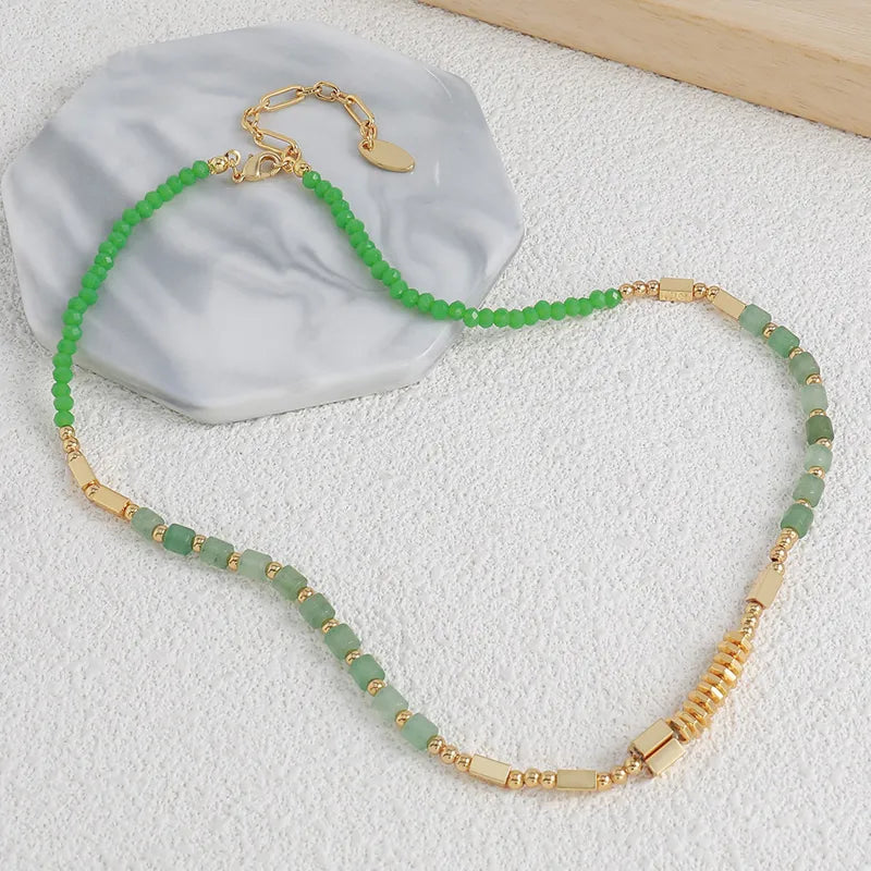 Chinoiserie Vintage Style Round Rectangle natural stone Copper Necklace In Bulk