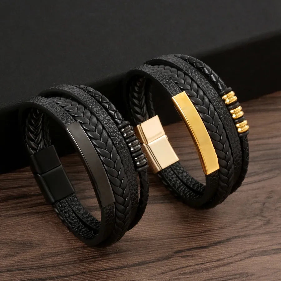 elegant glam classical solid color pu leather alloy handmade men's bangle