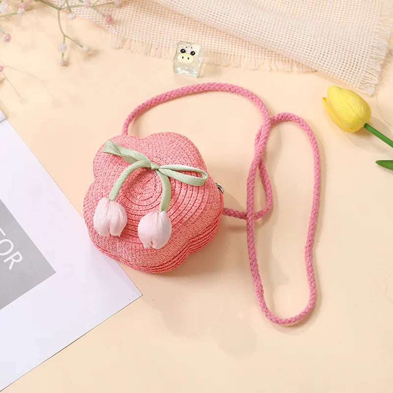 Summer Beach Seaside Tulip Straw Woven Bag  New Children Flower Straw Bag Mobile Phone Crossbody Bag