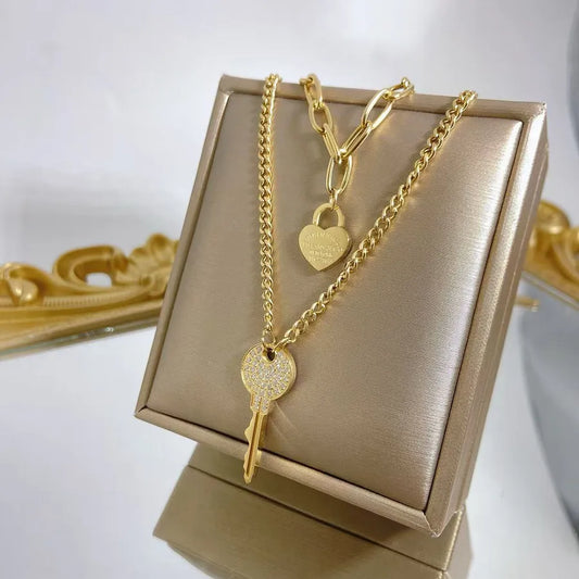 Wholesale Jewelry Elegant Luxurious Romantic Heart Shape Key 304 Stainless Steel 14K Gold Plated Plating Paperclip Chain cable chain Double Layer Necklaces Pendant Necklace
