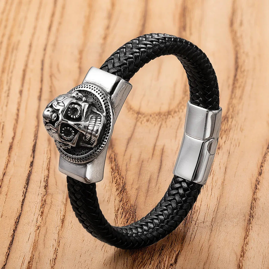 Vintage Style Punk Classic Style Skull 316 Stainless Steel  Leather rope Halloween Men's Bracelets