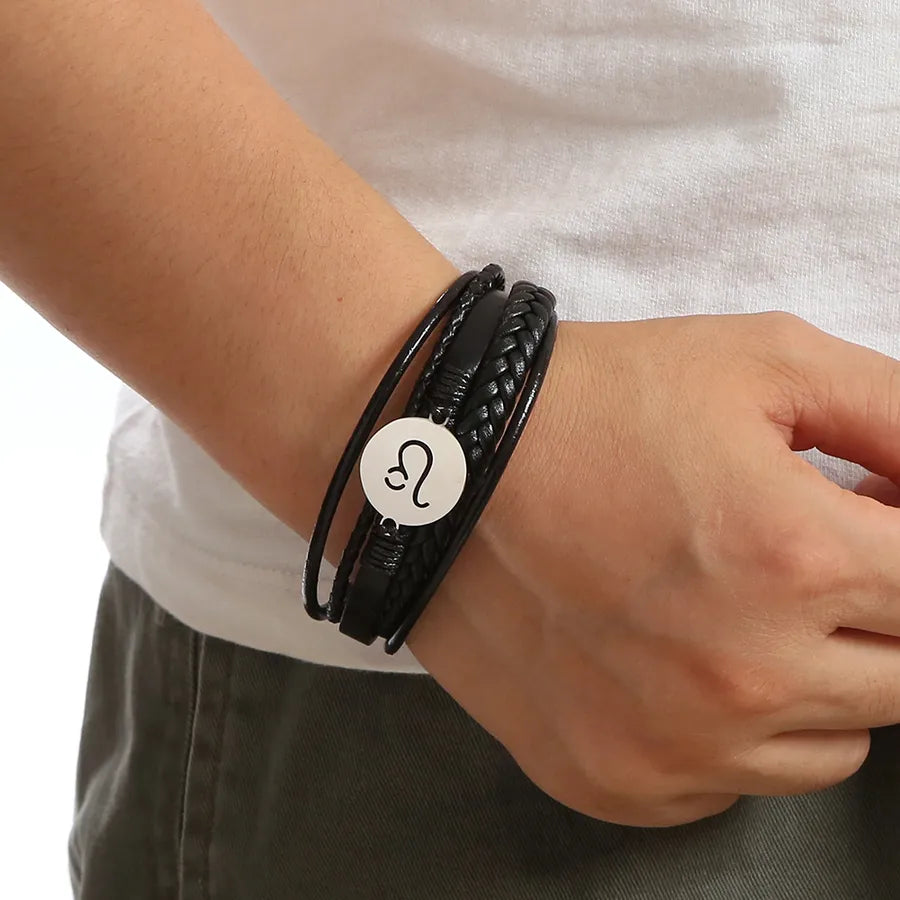 Simple Style Constellation 316 Stainless Steel  Pu Leather Layered Men's Bangle