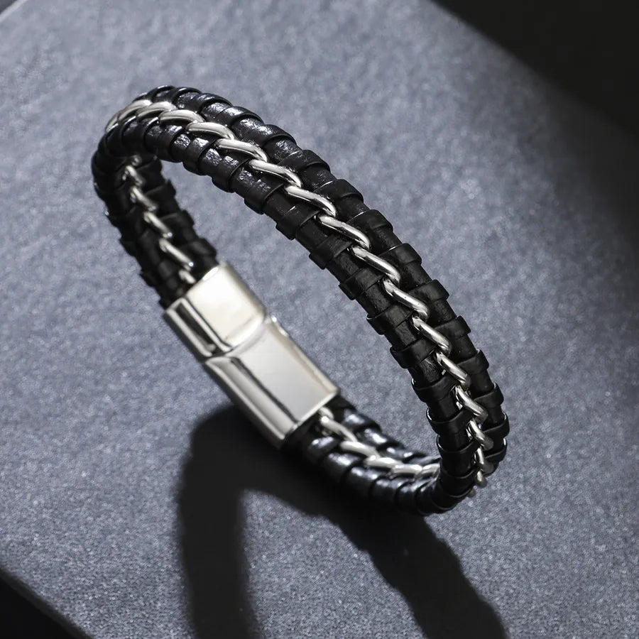 hip-hop alloy leather braid men's bangle