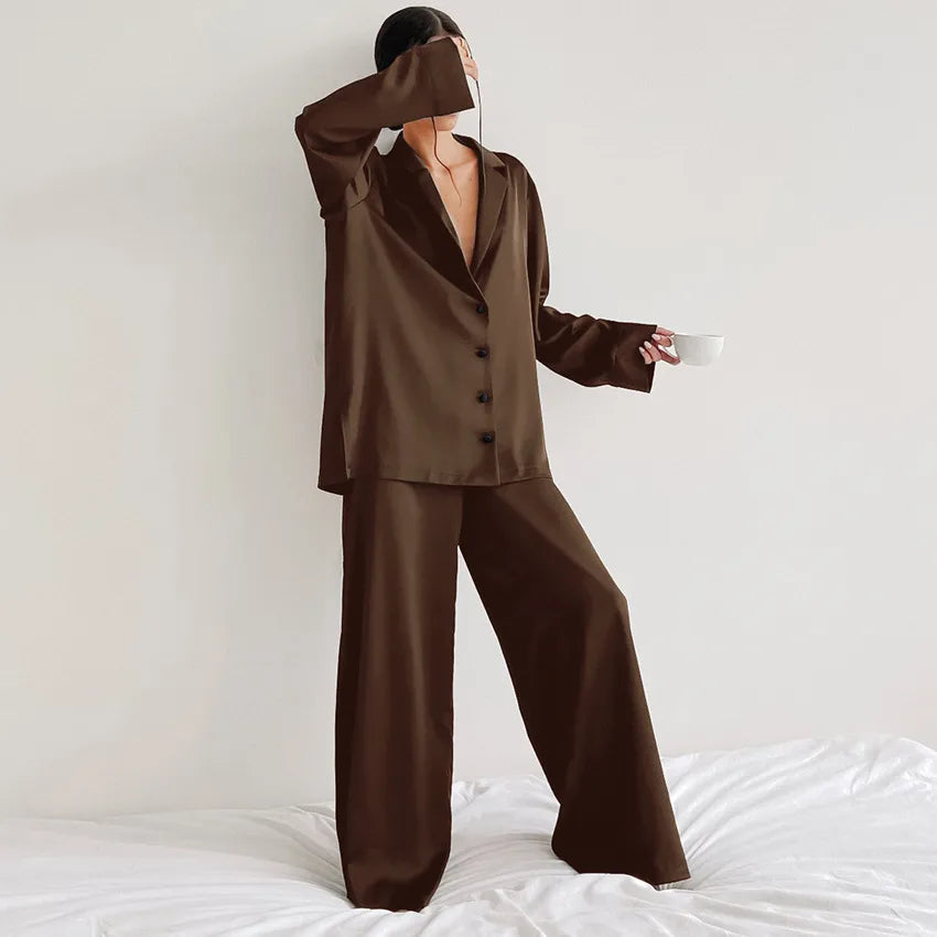 women's fashion solid color imitated silk polyester pants sets