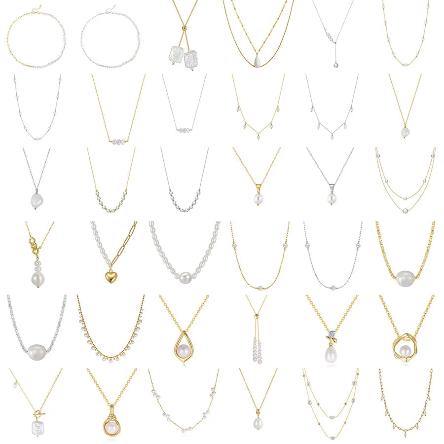 925 Sterling Silver Freshwater Pearl cable chain Plating Geometric Double Layer Necklaces Pendant Necklace Necklace