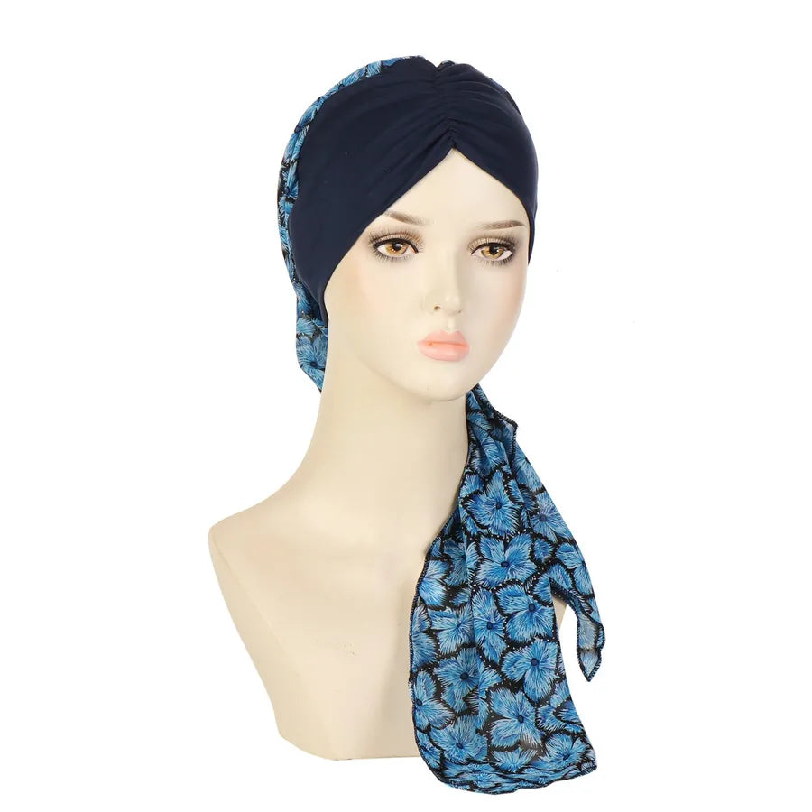 Fashionable Floral Print Chiffon Long Tail Headscarf Hat Women's Head Wrap Cap Winter Summer Spring Seasonal All-Match Hat