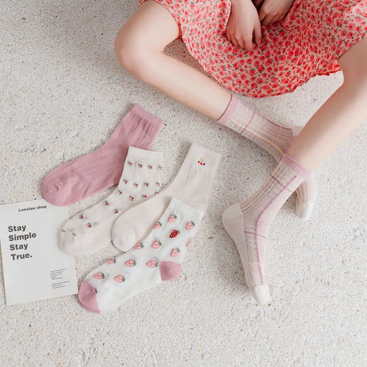 5 Pairs Cute Modern Style Women's Cherry Flower Cotton Crew Socks