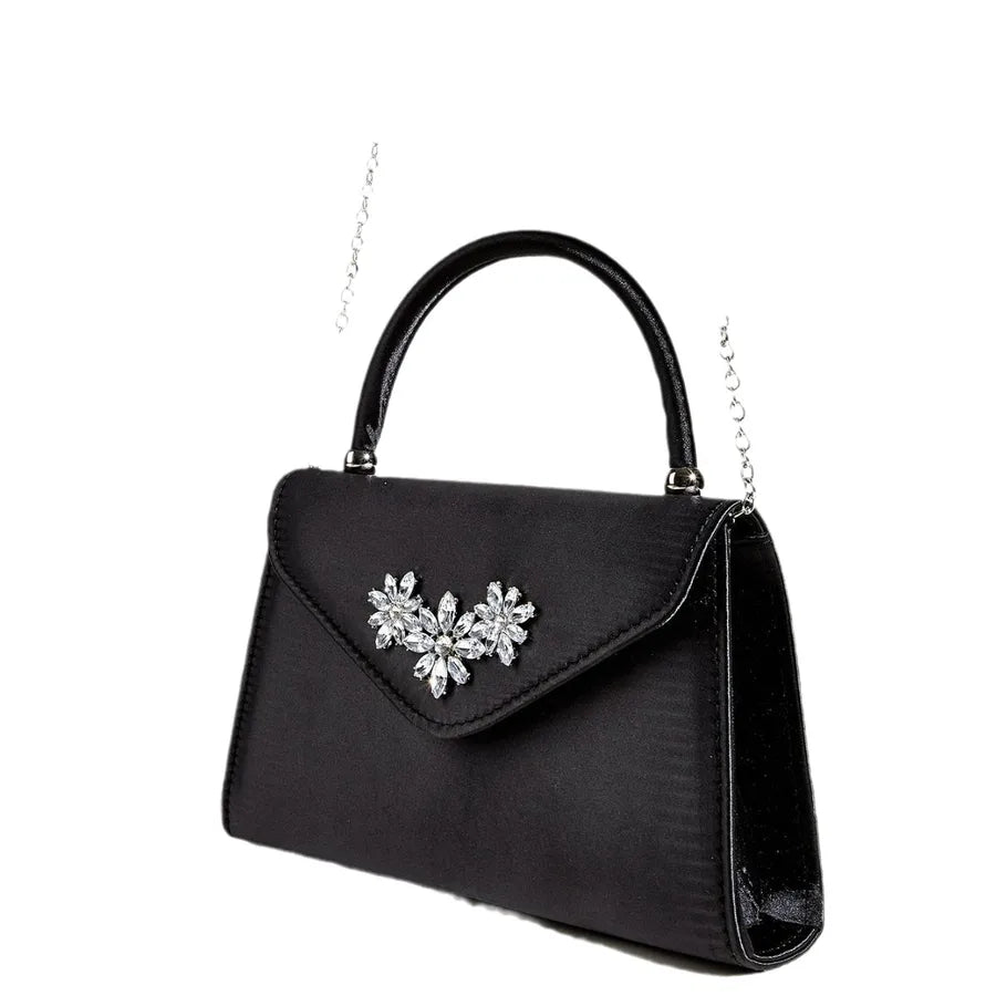 Black Silk Evening Bag  Trendy Square Shape Nightclub Bar Simulation Silk Ball Bag With Lace And Chain Fashion Elements