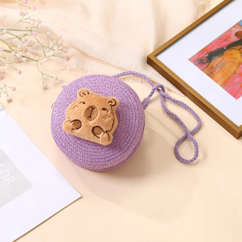Summer Woven Bag  New Children's Cute Capibala Seaside Vacation Straw Woven Bag Crossbody Coin Purse