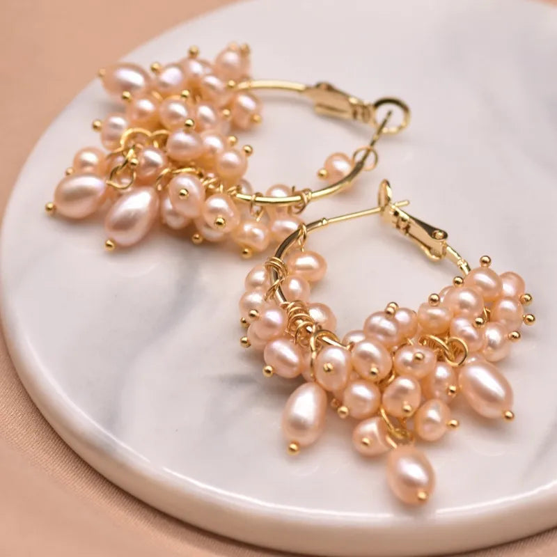 1 Pair 18K Gold Plated Freshwater Pearl Copper Zircon Flower Drop Earrings