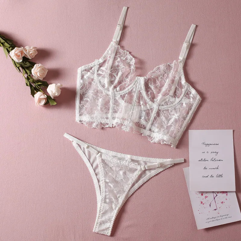 women's sexy flower sexy lingerie sets party embroidery sheer bra low waist thong sexy lingerie