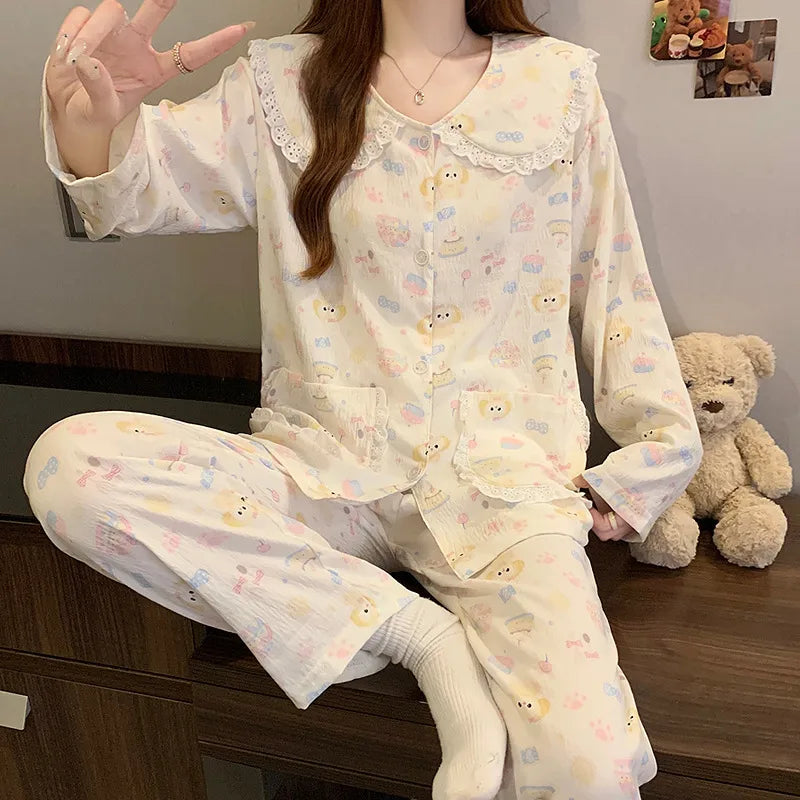 Sweet Cherry Cloud Cotton Long Sleeve Spring Home Clothes Set For Girls Comfortable Breathable Sleepwear Casual Style