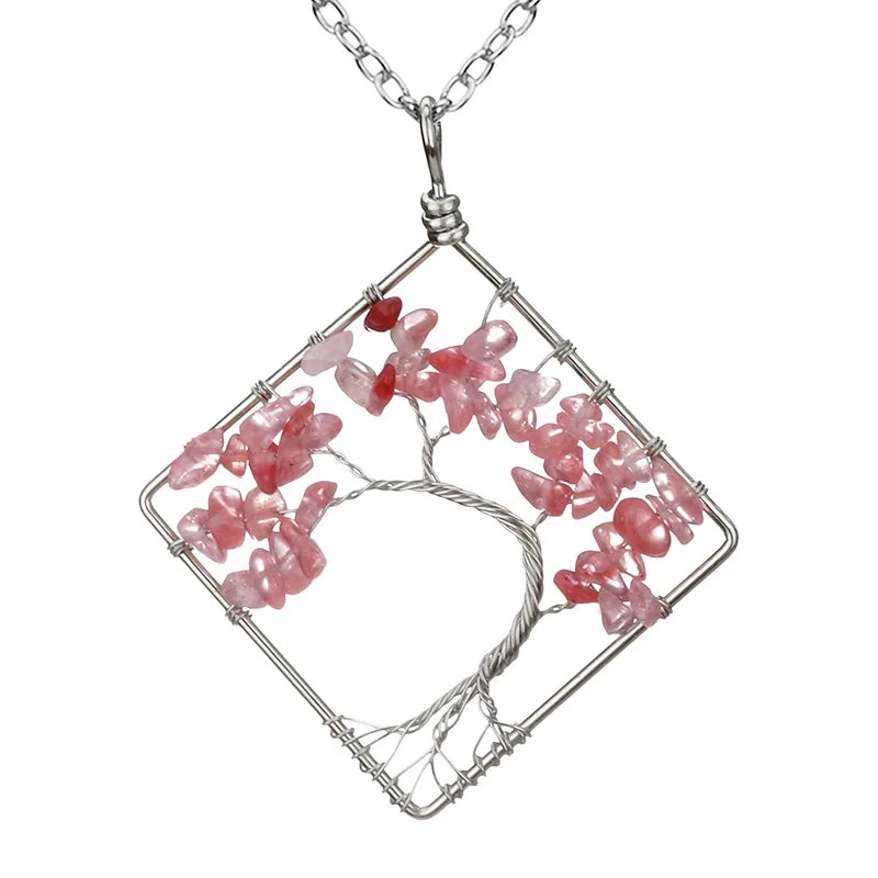 fashion square tree natural stone crystal metal beaded hollow out pendant necklace 1 piece