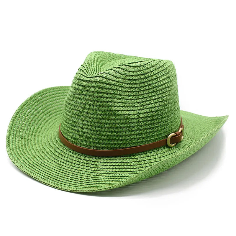 women's cowboy style solid color flat eaves straw hat
