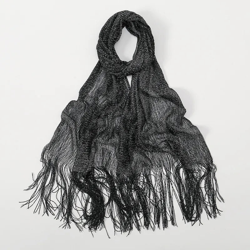 Women's Elegant Solid Color Gold and Silver Wire Tassel Scarf