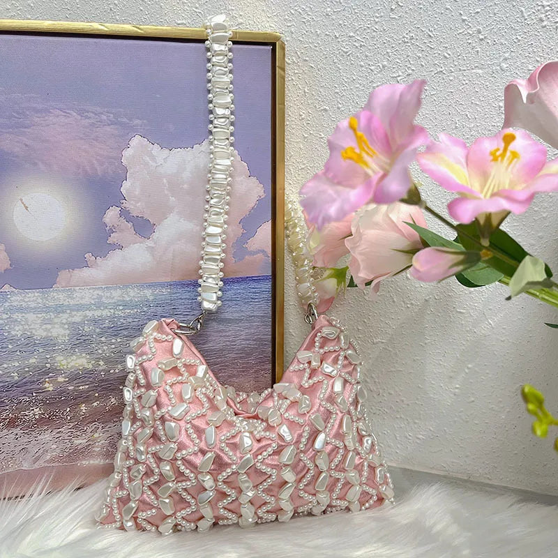 Women's Small Silk Geometric Elegant Beading Pearls Dumpling Shape Zipper Shoulder Bag