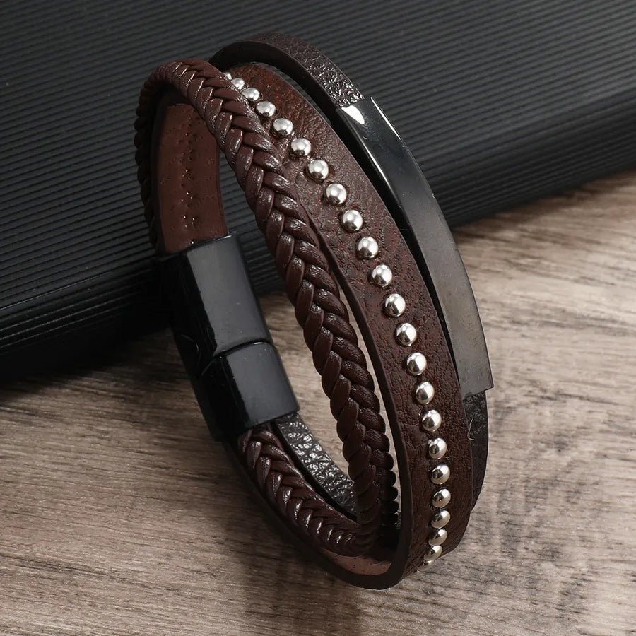 Retro Geometric Pu Leather Layered Unisex Bracelets Men Cord & Leather Bracelets