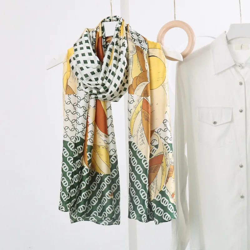 women's fashion letter plaid satin printing silk scarves