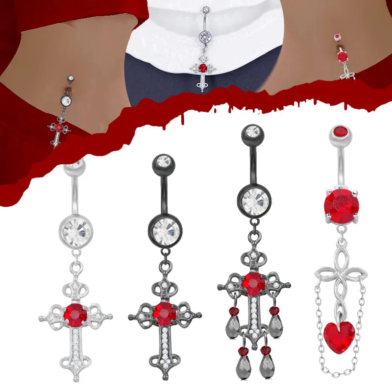 1 Piece Belly Rings Hip-Hop Rock Cross Alloy Plating Inlay Acrylic Rhinestones White Gold Plated