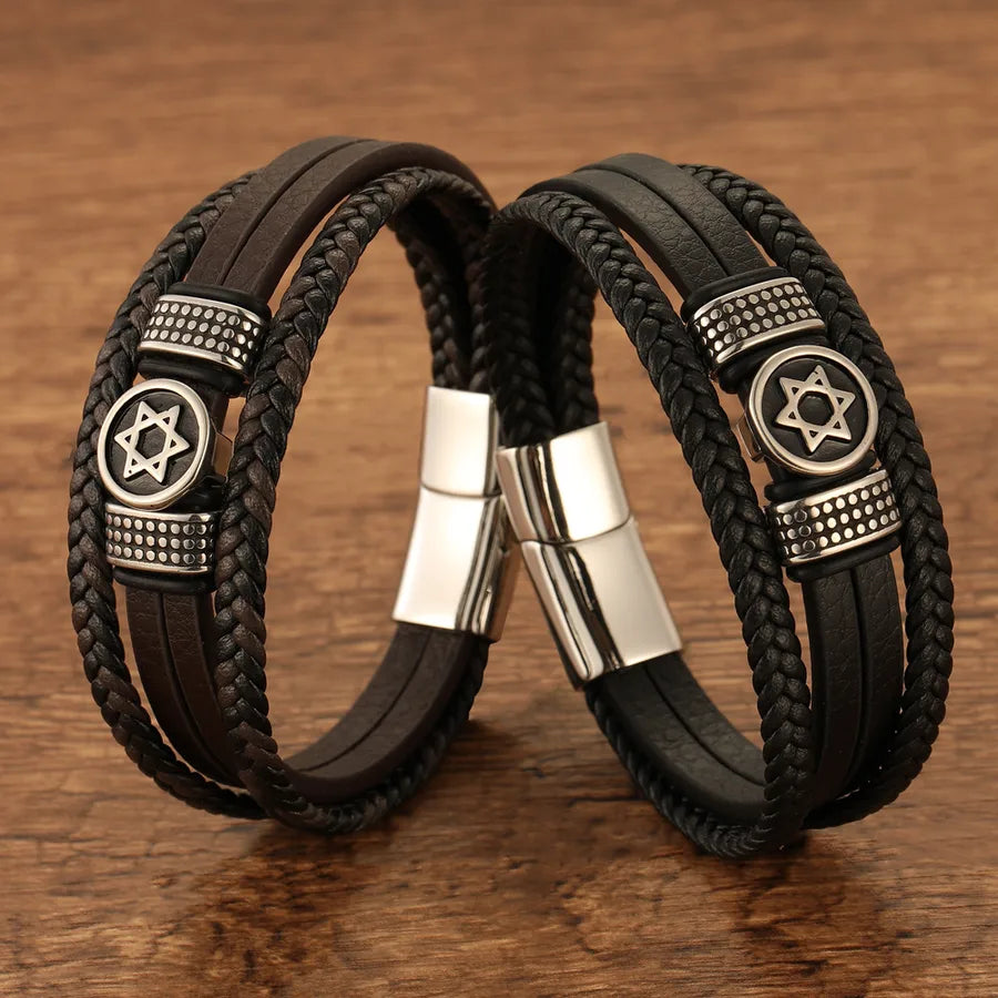 Retro Hexagram Geometric Pu Leather Titanium Steel Woven Chain Wrap Bracelets Wholesale