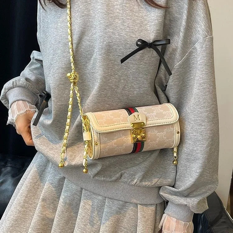 Women's Pu Leather Letter Color Block Elegant Streetwear Cylindrical Flip Cover Lock clasp Shoulder Bag