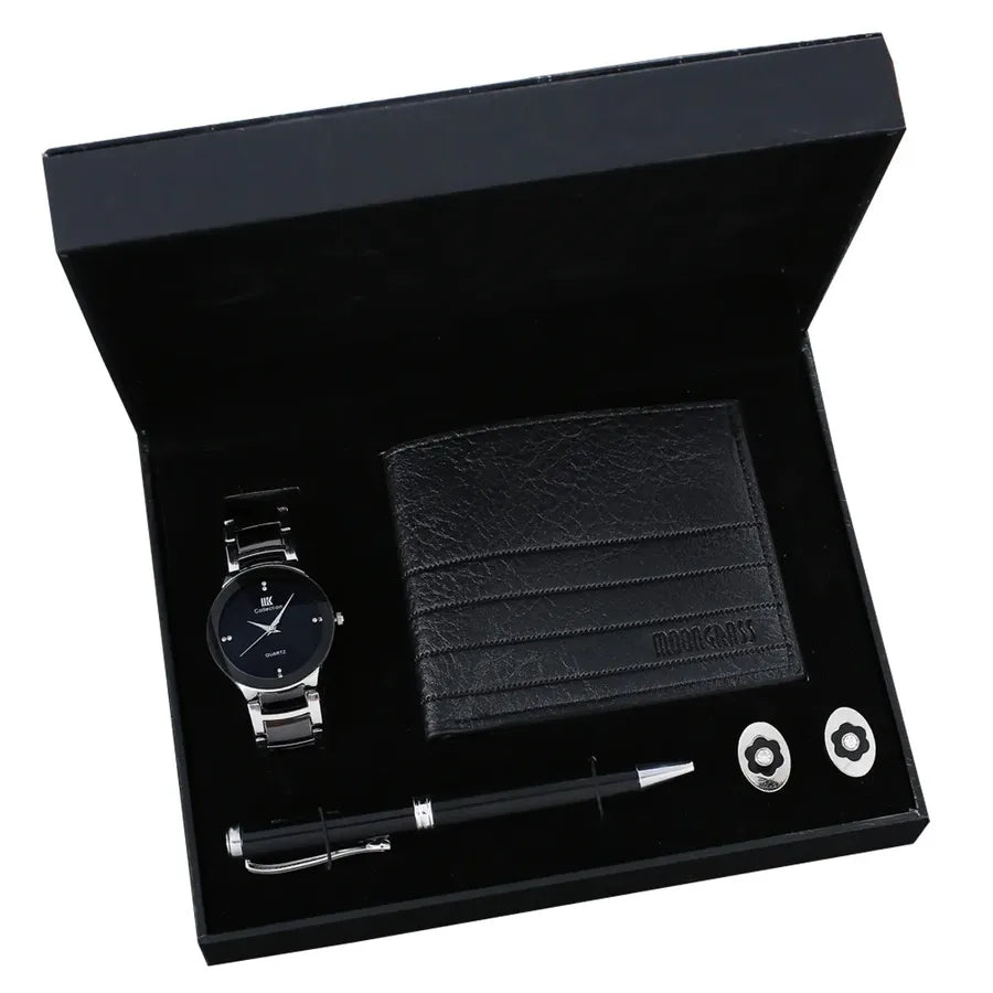 Solid Color Buckle Quartz Men's Watches Gift Set