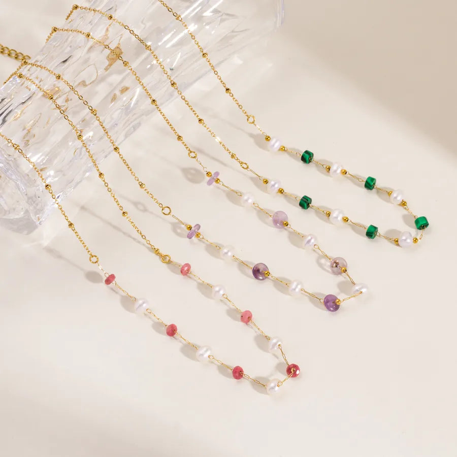 Wholesale Jewelry Casual Elegant Simple Style Geometric 304 Stainless Steel natural stone Natural Stone Pearl Inlay cable chain Necklace