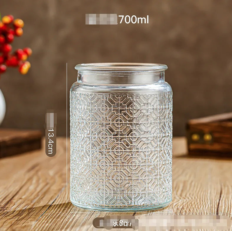 Glass Embossed Glass Sealed Jar Square Storage Jar Snack Dried Fruit Storage Jar Kitchen Household Glass Jar Vintage