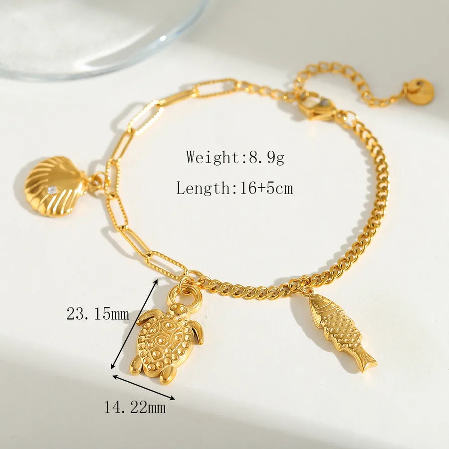 Cute Sweet Ship Shell Fish 304 Stainless Steel 18K Gold Plated Zircon Paperclip Chain Multi Charms Bracelet In Bulk