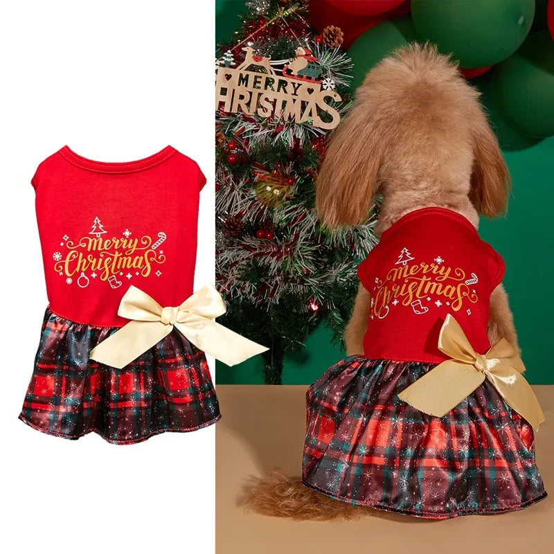Christmas Print Butterfly Bowknot Ribbon Dress Princess Style Dog Skirt Teddy Costume Pet Clothes  Hot Sale