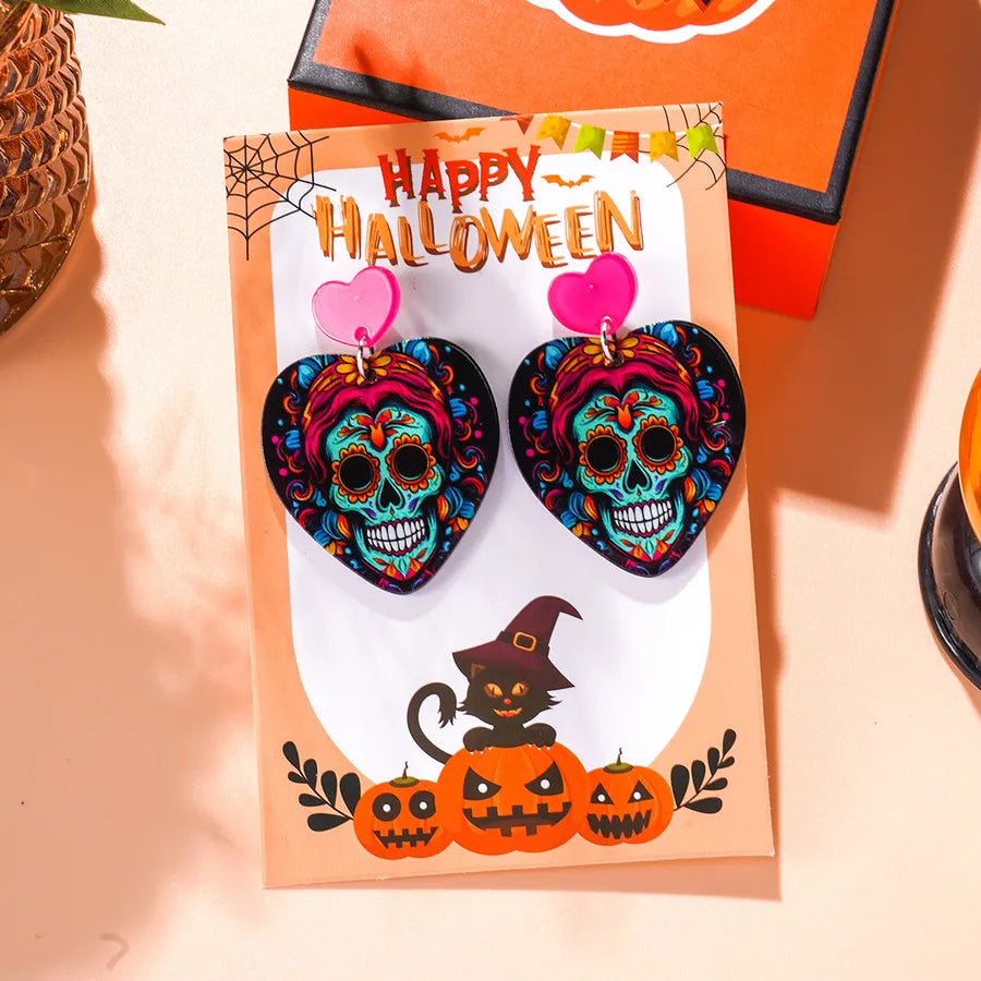 Creative Acrylic Skeleton Head Earrings Set For Women Halloween Theme Personalized Fashion Jewelry Love Shape Card Included