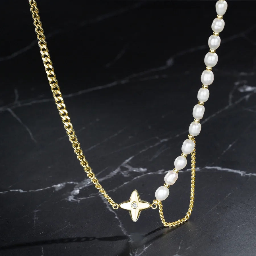 Freshwater Pearl Copper Long-Lasting Plated Freshwater Pearl Cuban Link Chain Curb Chain Asymmetrical Plating Geometric Star Pendant Necklace