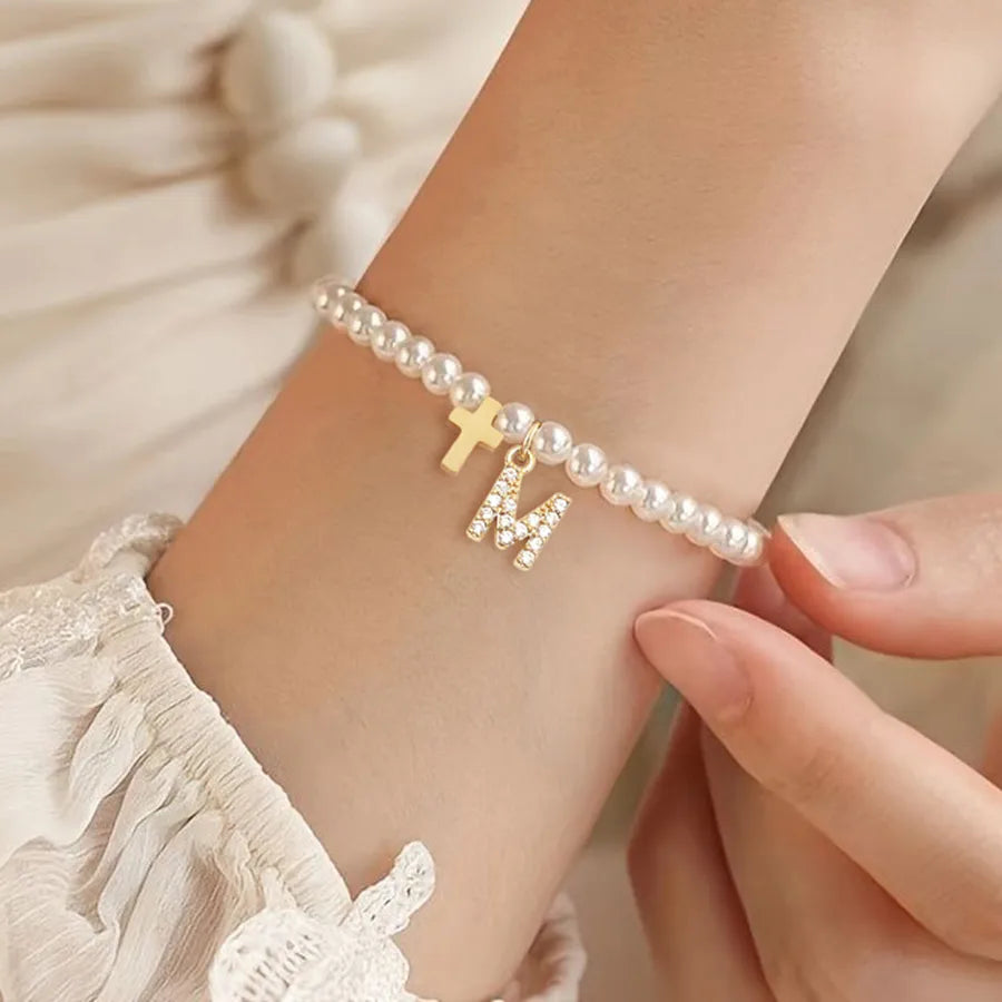 Elegant Vintage Style Classic Style Cross Letter 304 Stainless Steel Artificial Pearl Copper Beaded Chain Beaded Bracelets Wholesale
