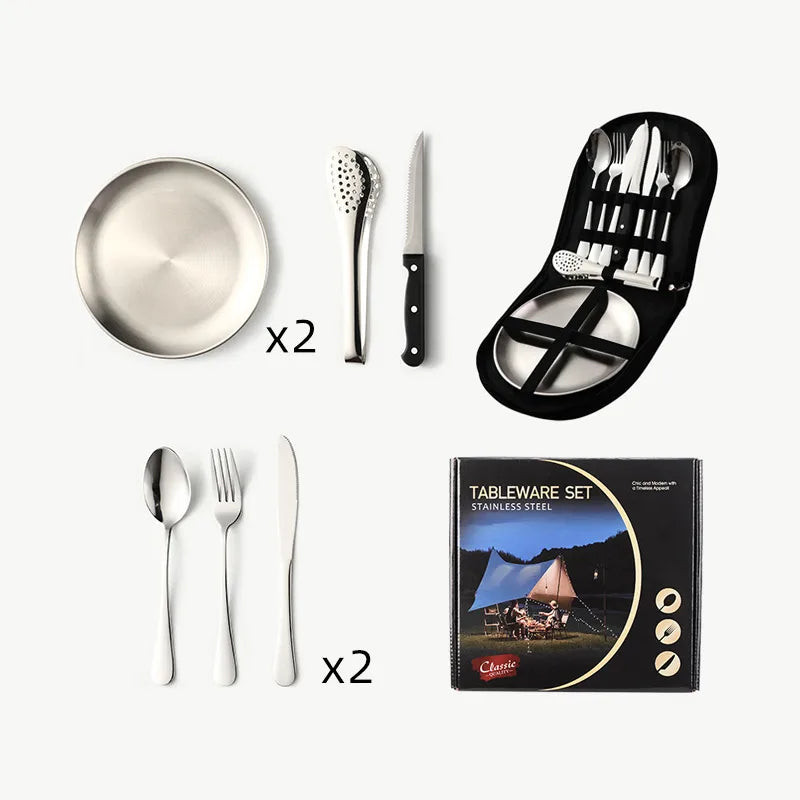 Outdoor travel stainless steel tableware camping picnic barbecue plate clip steak knife, fork and spoon suit portable storage bag