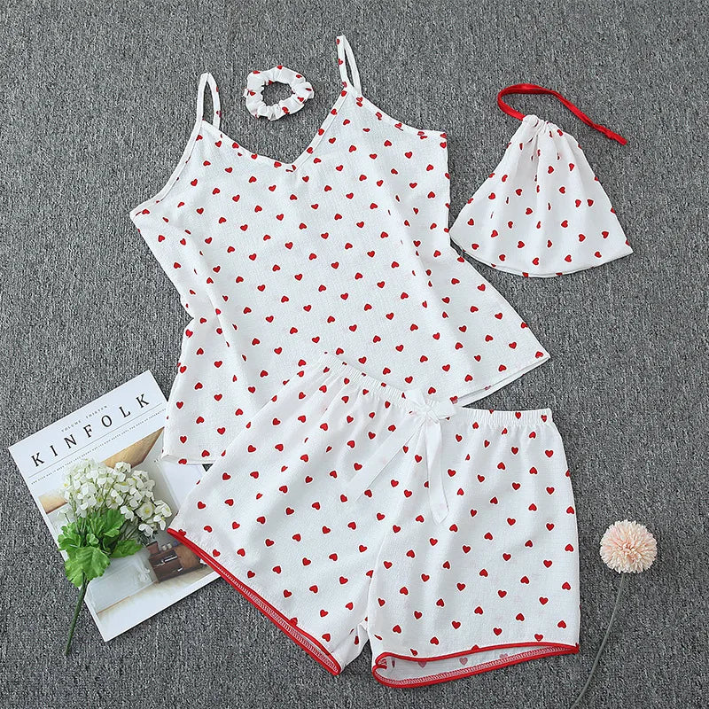 Home Women's Casual Cute Stripe Heart Shape Polyester Pajama Sets