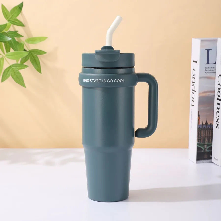 Giant 30Oz Handle Cup, 304 Stainless Steel Thermos Cup, Car Double Drinking Straw Large Ice Cup