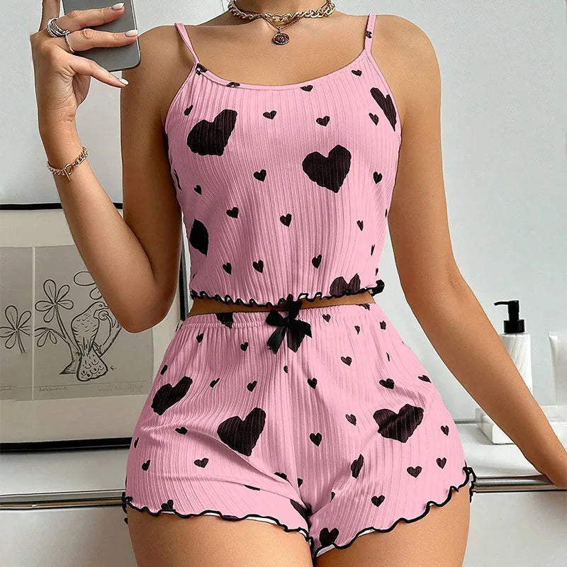 Home Outdoor Women's Casual Elegant Lady Heart Shape Polyester Rib Fabrics Shorts Sets Pajama Sets