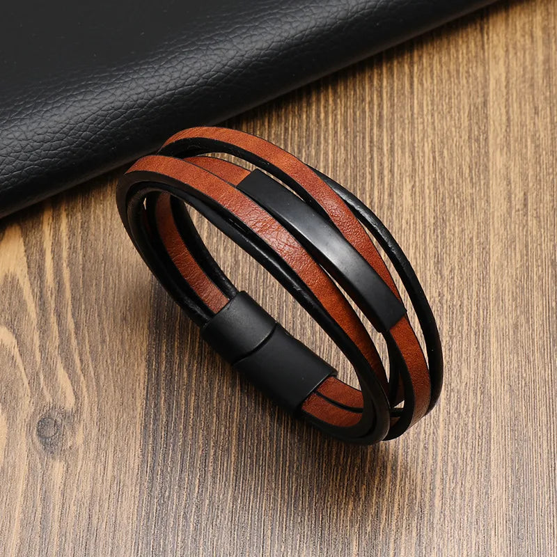 Factory Direct Sales  Hot Stainless Steel Leather Cord Bracelet Men's Magnetic Buckle Multilayer Simplicity Woven Leather Bracelet
