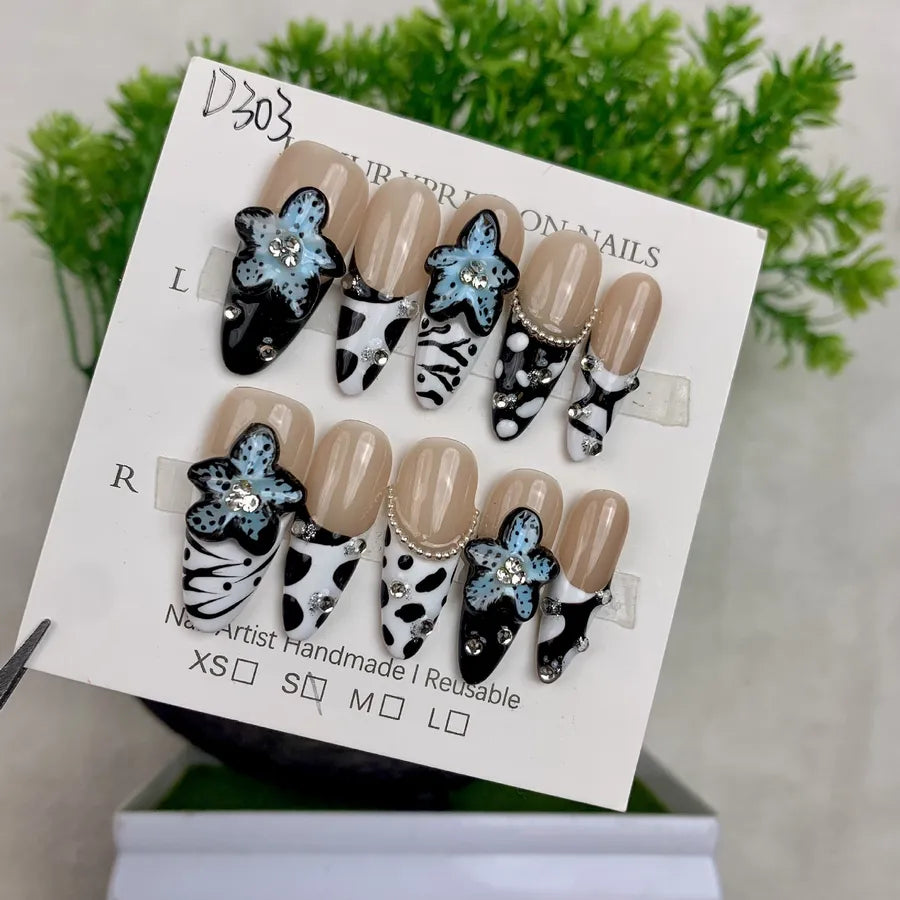 Handmade Detachable Shell Sculpture Cat Eye Almond Nails Ice Transparent Floral Design Wearable False Nails For Women