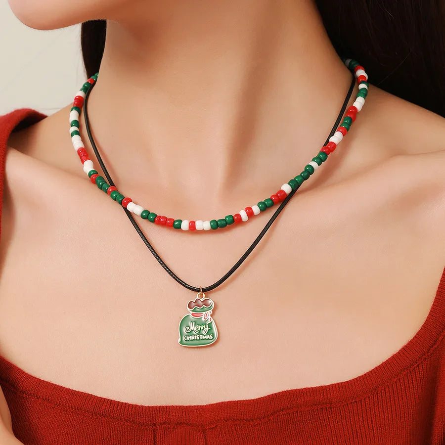 Christmas Themed Double Layered Necklace With Santa Claus Design Glass Beads Clavicle Chain Jewelry Accessory For Unisex Use