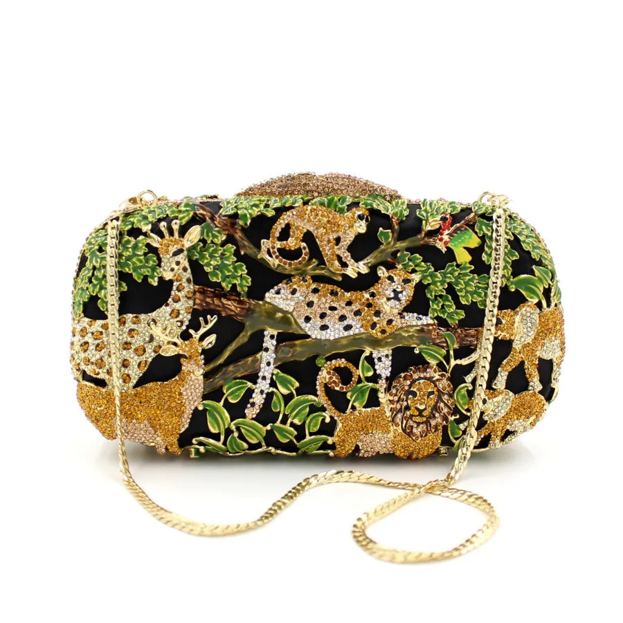 Black&Green Gold Rhinestone Metal Animal Hollow Square Evening Bags
