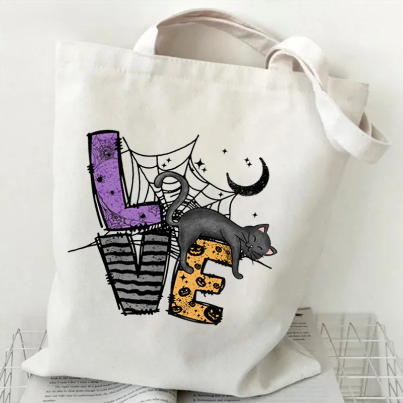 Halloween Cartoon Pumpkin Decorated Student Canvas Bag Handbag Shopping Commuter Bag Large Square Fashion Tote Bag