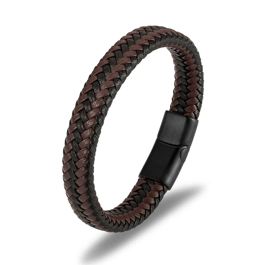 classic style commute color block stainless steel pu leather plating gold plated men's bangle