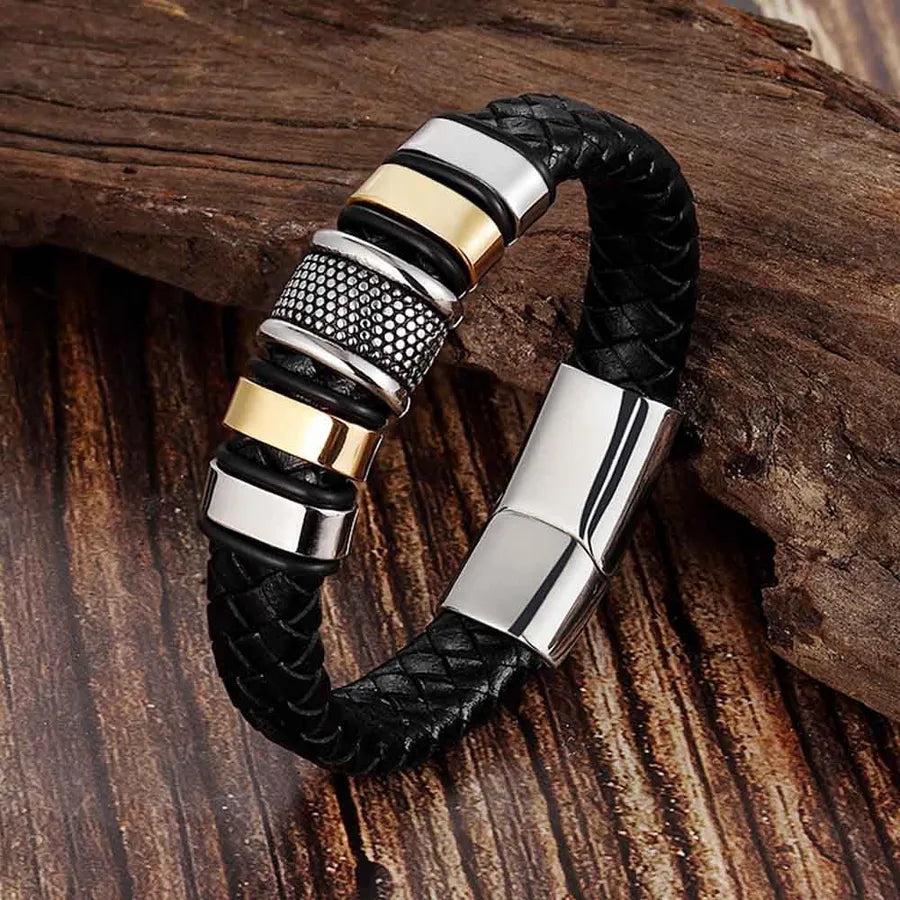 Retro Classic Style Geometric Pu Leather Titanium Steel Woven Chain Wrap Bracelets Wholesale